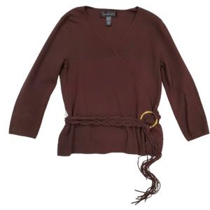 Cable & Gauge Brown Fringe Belted Light-Weight V-Neck Sweater